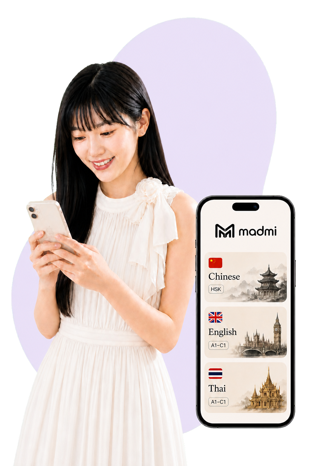 Young Southeast Asian woman using her phone beside a large Madmi course phone